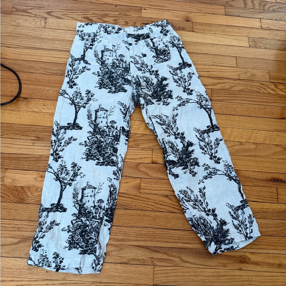 Joie 100% Linen House print Monochrome Pattern crop wide pants black/white Sz 12